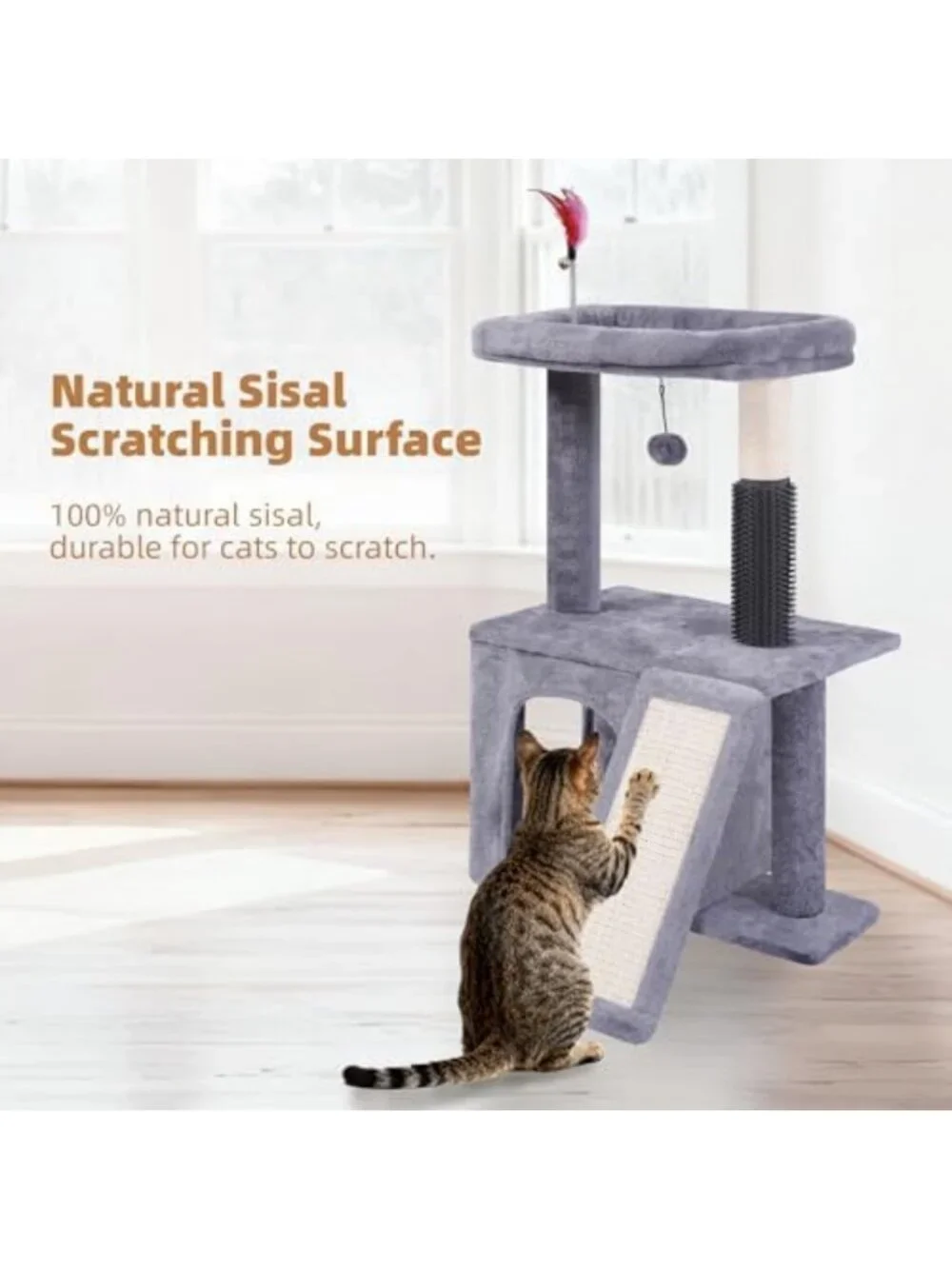 Cozy Cat Tree Tower with Self-Grooming Brush, Scratching Post & Interactive Toys